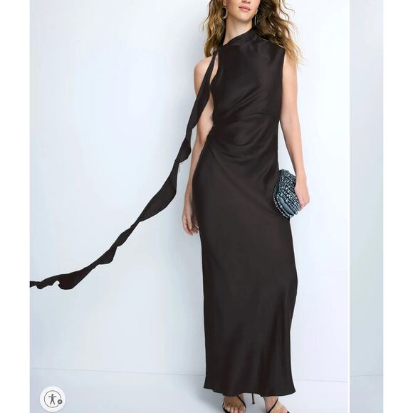 Shona Joy Black Satin Gown Size 12 Asymmetrical Backless Formal Maxi Dress $360 - Picture 1 of 10